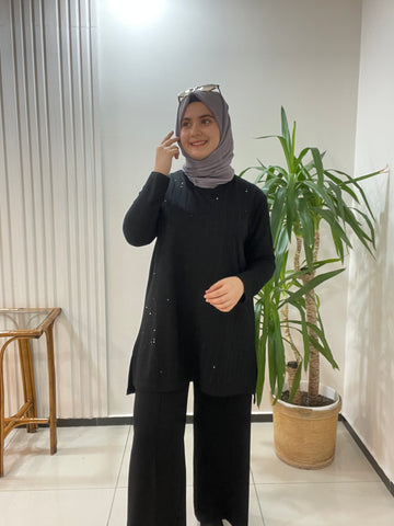 Büyük beden takım taş baskılı - Siyah