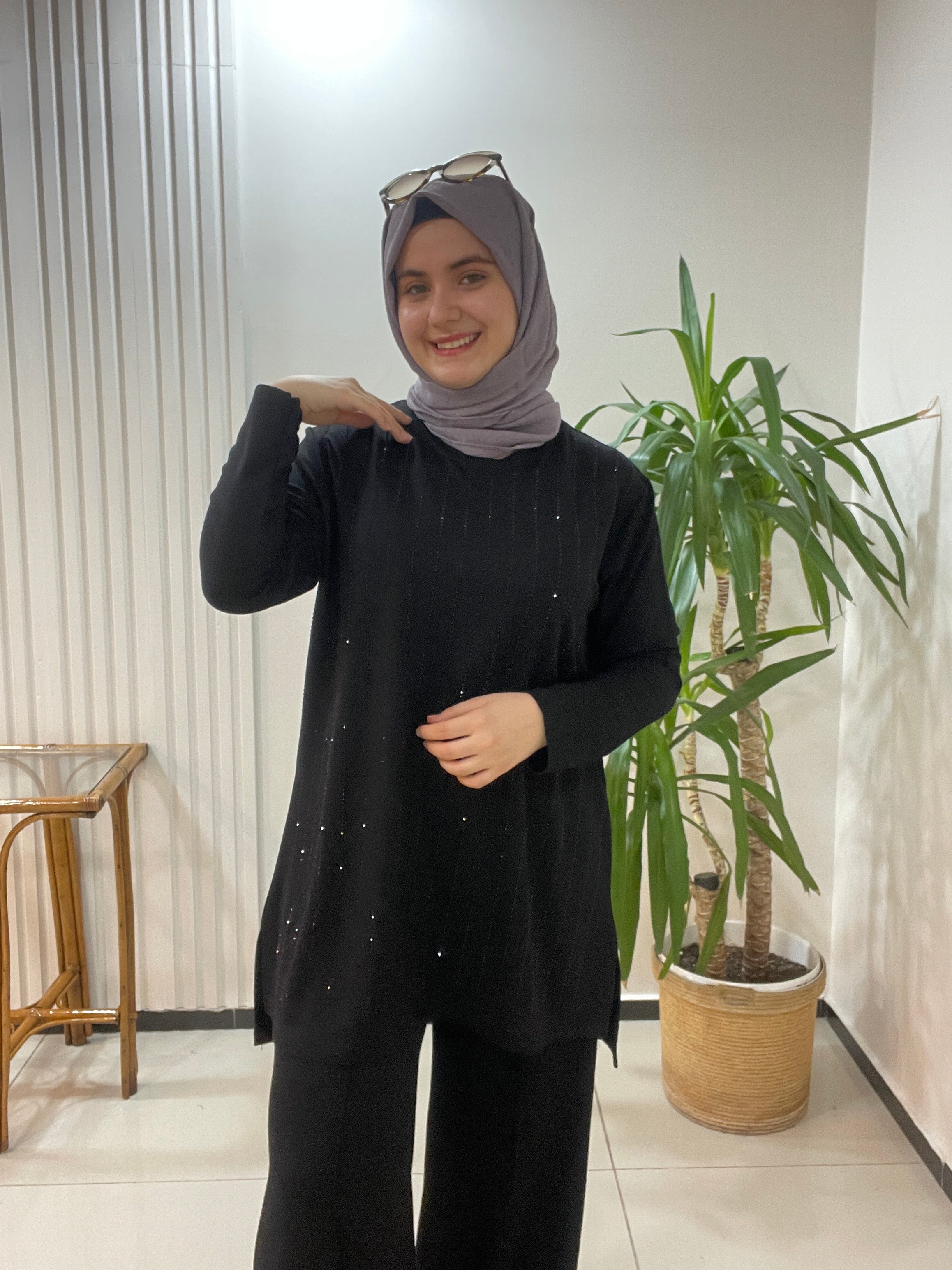 Büyük beden takım taş baskılı - Siyah