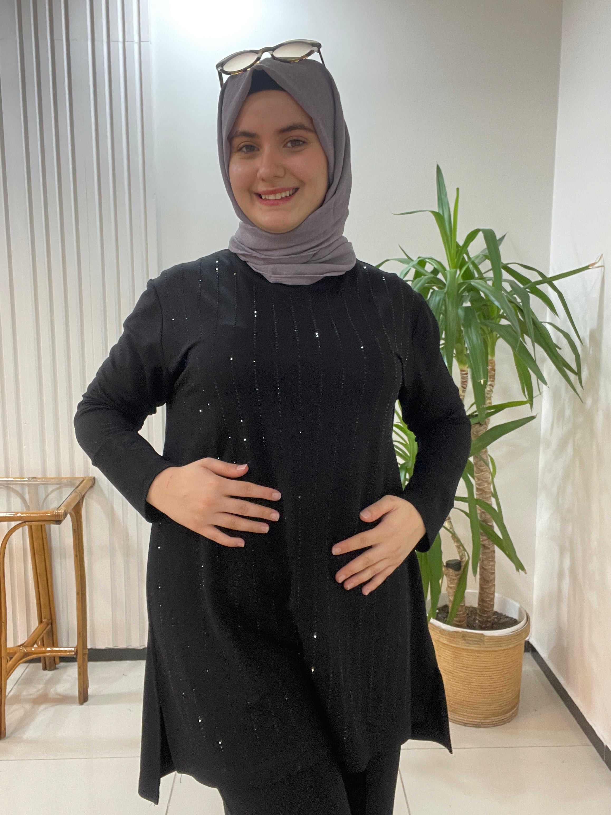 Büyük beden takım taş baskılı - Siyah