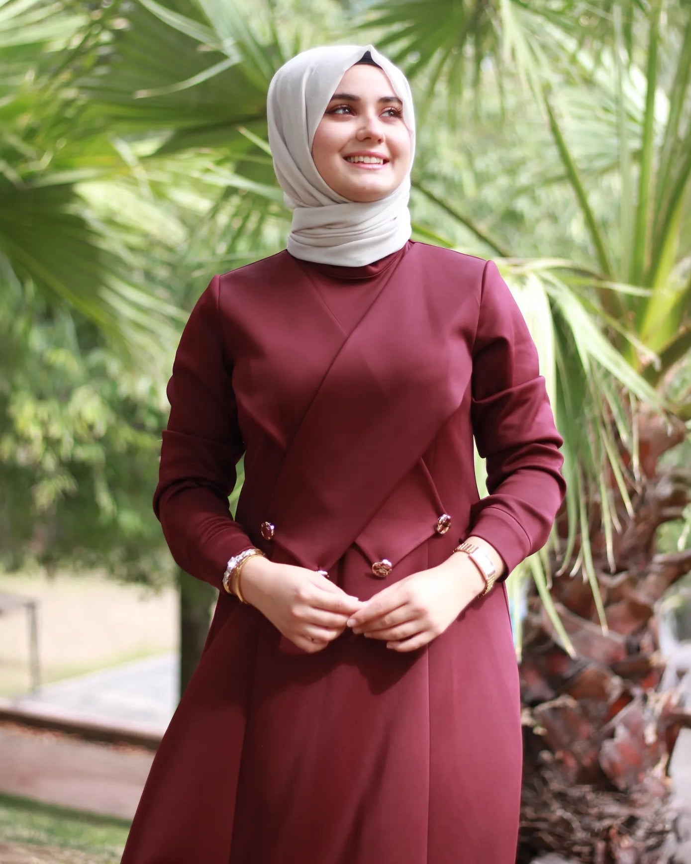 Bordo Kruvaze Tesettür Elbise