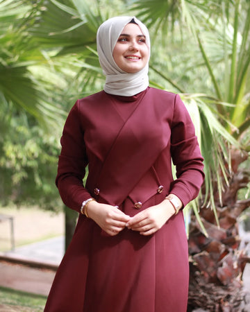 Bordo Kruvaze Tesettür Elbise