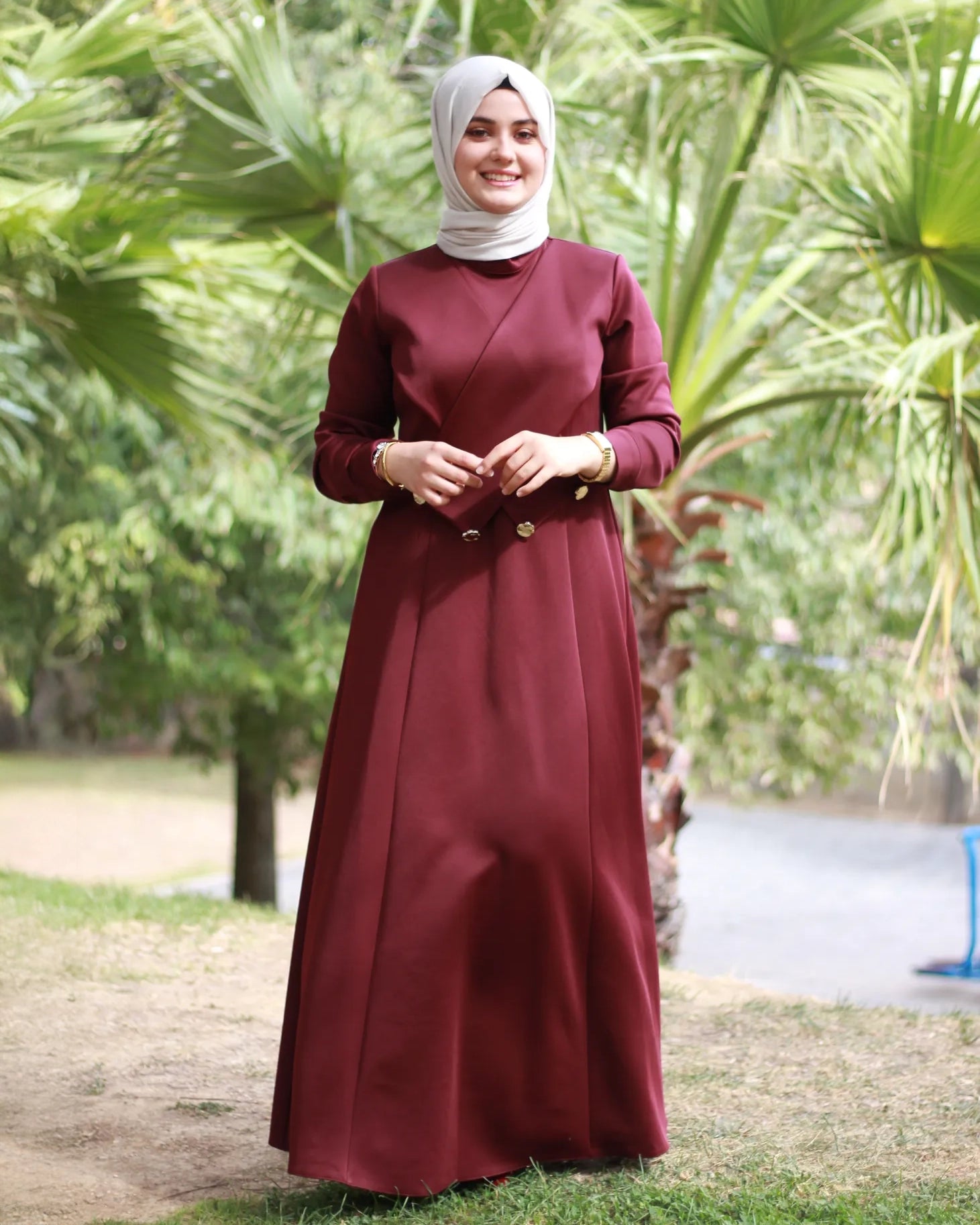 Bordo Kruvaze Tesettür Elbise